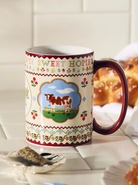 Rifle Paper Co. Cream Mug with Red Handle and Floral Cow Design